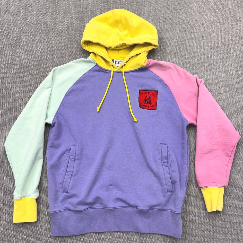 Teddy Fresh Colorblock Hoodie Mens Small Purple Pink Mint Yellow Cotton Pullover